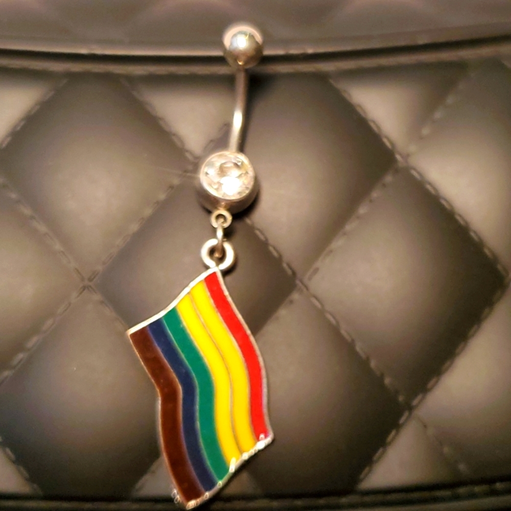 Gay Pride Flag Belly button ring stainless steel Clear jewel NEW